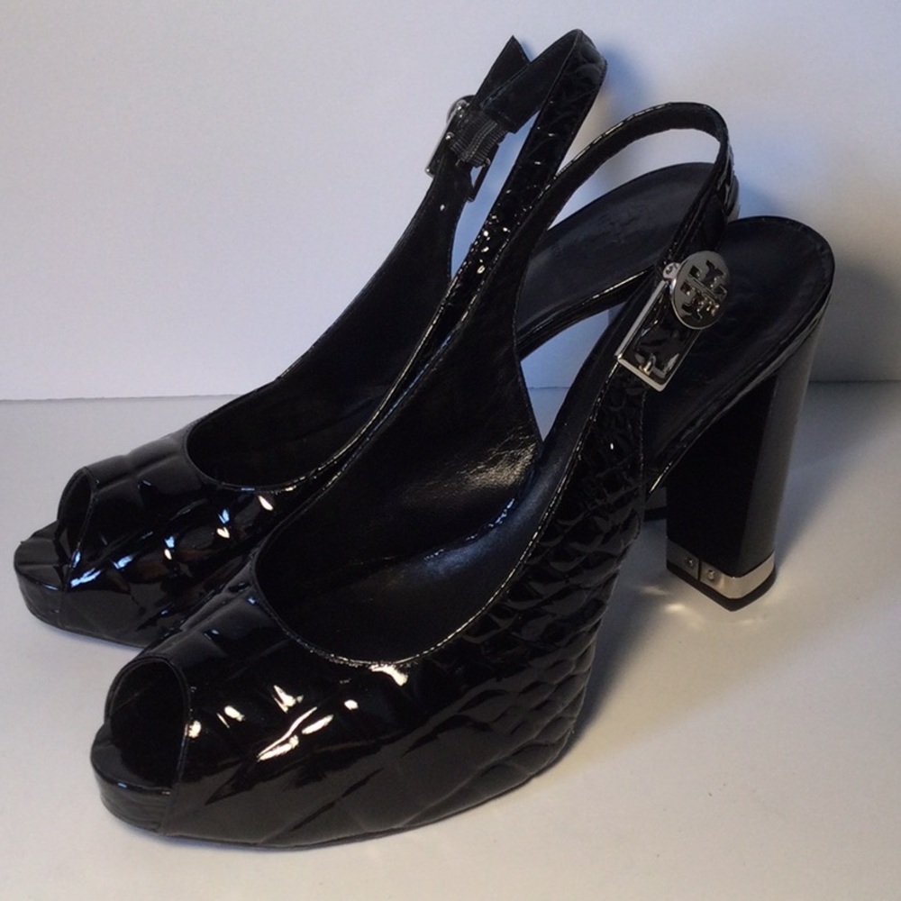 Tory Burch black patent croc print peep toe heels